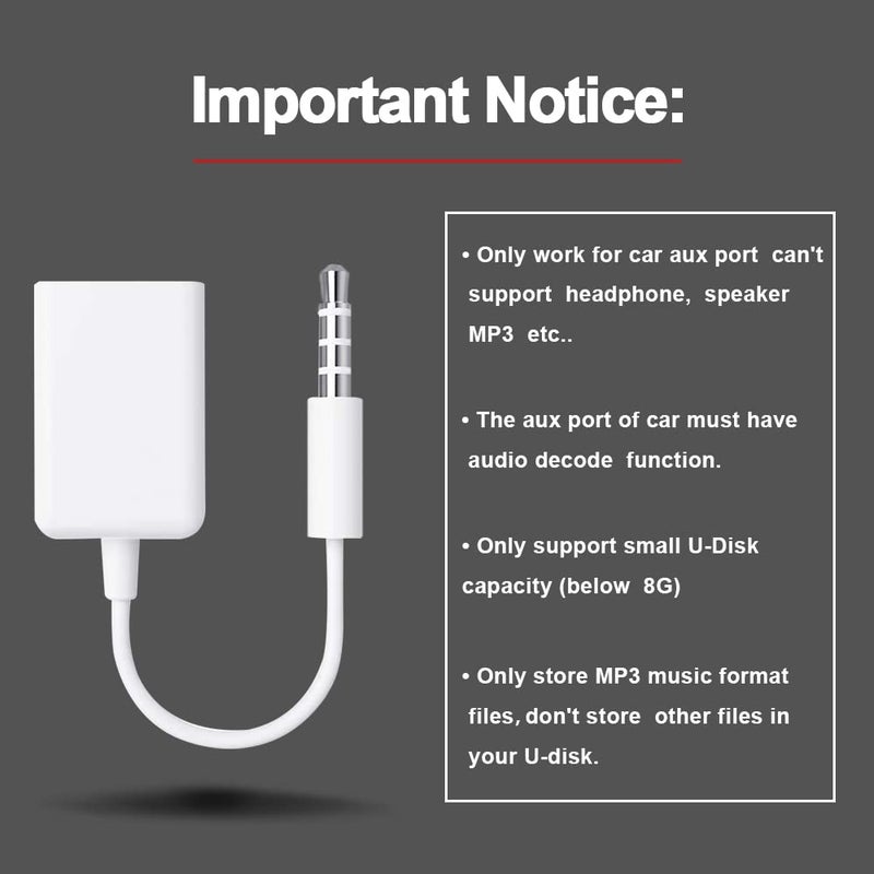 Oxsubor AUX to USB Adapter, 3.5mm Male Audio Jack to USB 2.0 Female Converter Cable, 2-Pack â€“ Only for Car AUX-in with MP3 Decoder, Not for Headphones, Speakers, Computers, or MP3 Players - Image 3